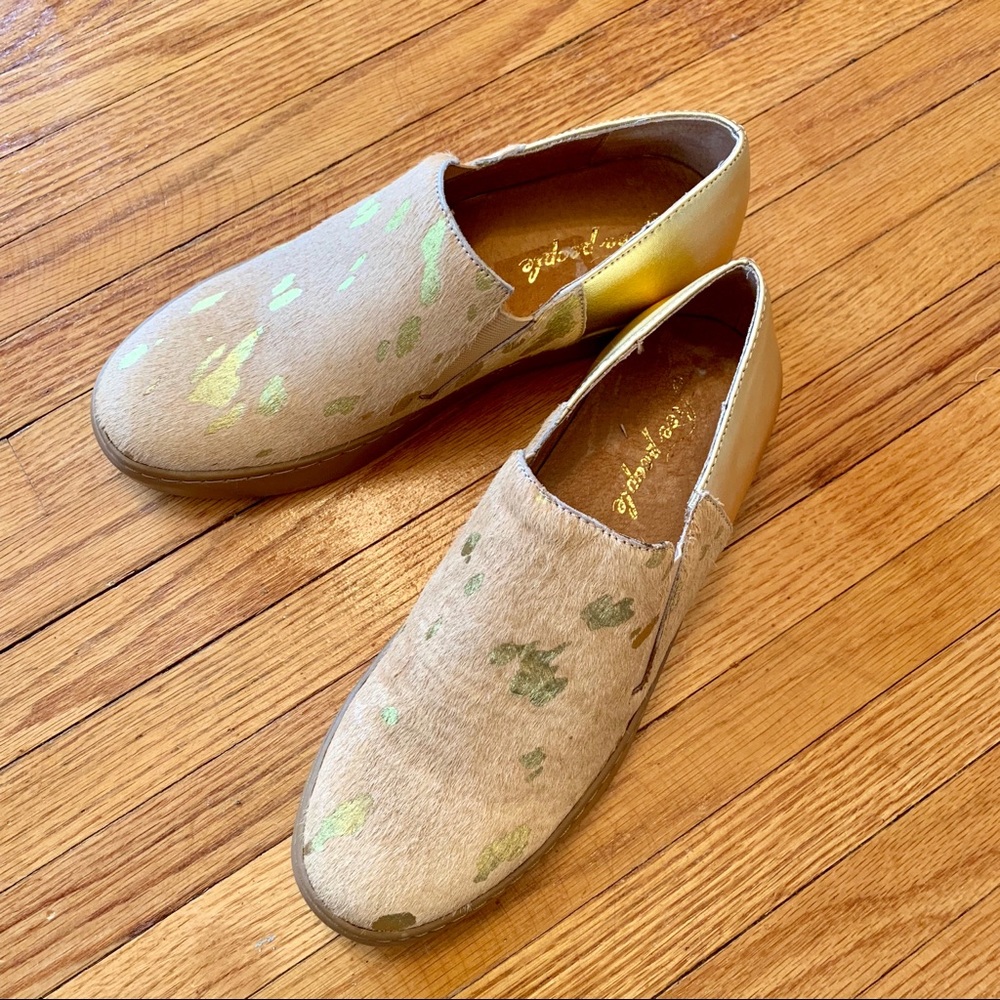 Free People Beige Pony Hair Slip-On Flats with Metallic Gold Accents